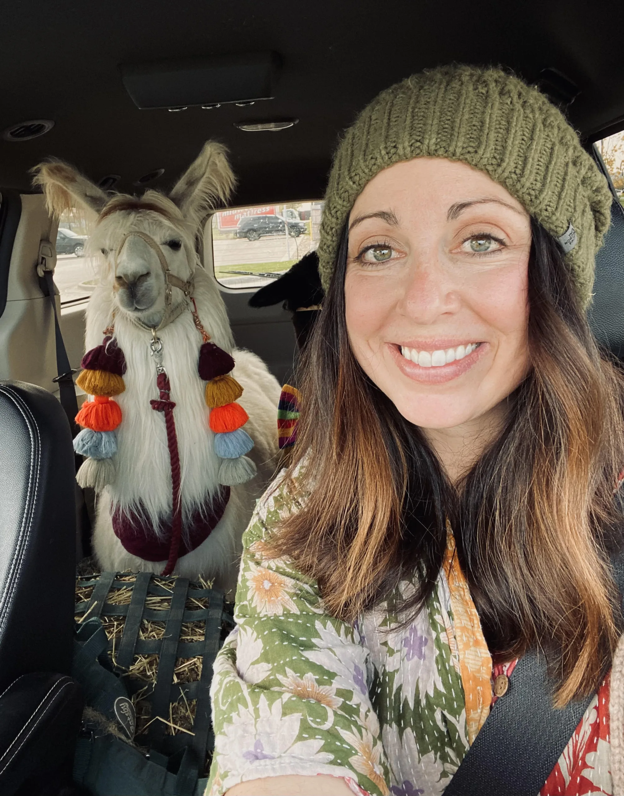 Kahle smiles with a green beanie on while a llama is shown in the back with two tassel earrings.