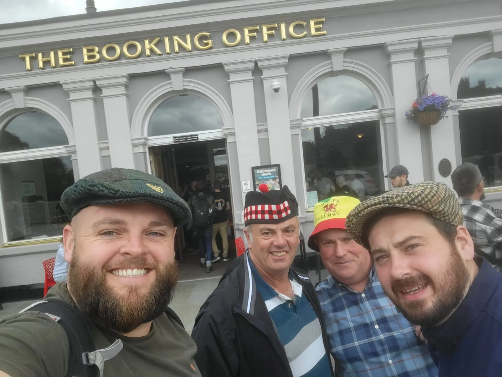 (left to right) Mike (Ireland), Tony (Scotland), ‘Doz’ (Wales) and Dafydd (England) outside the Booking Office pub.