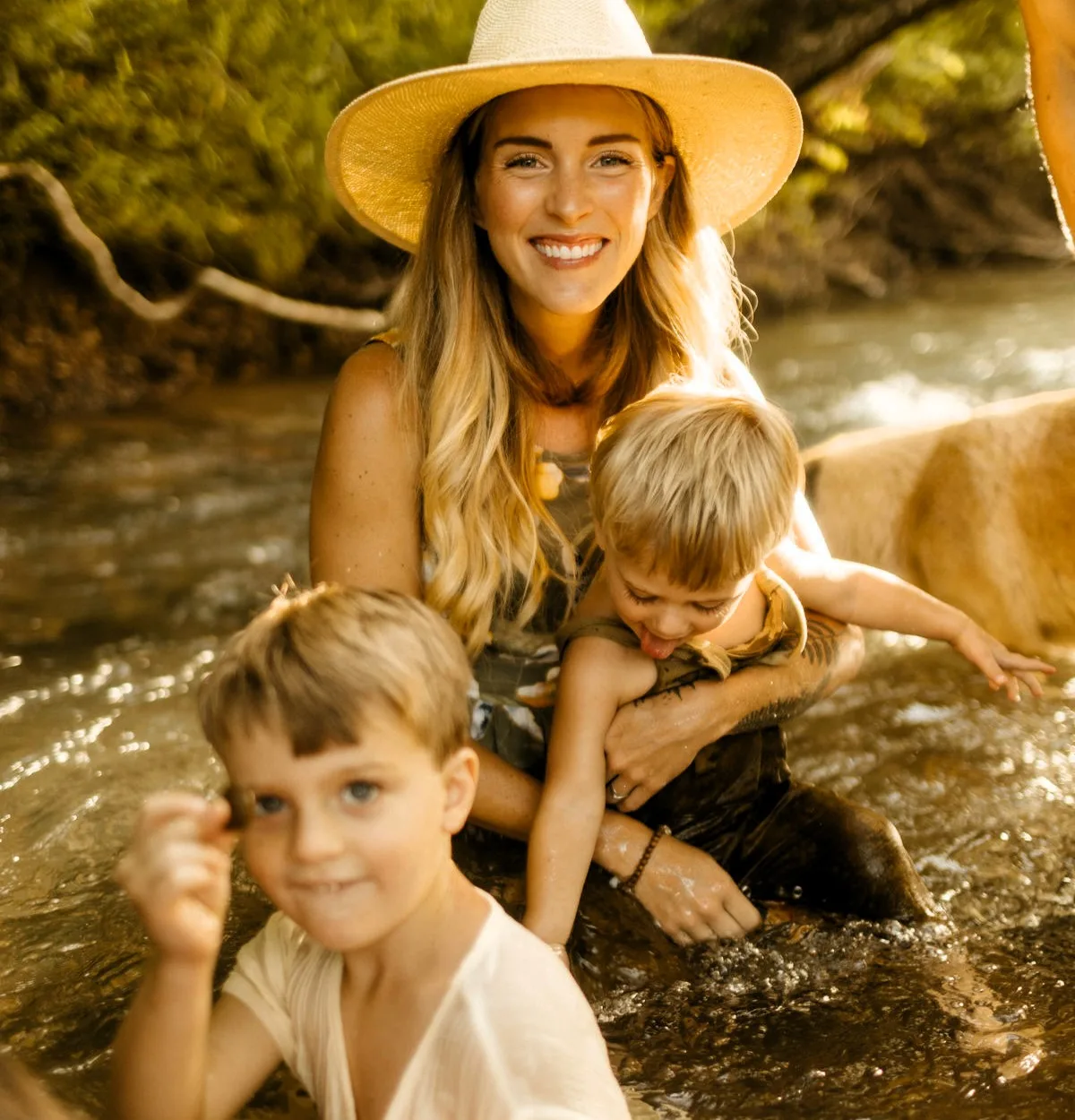 mother (Taylor) playing the riverside with her children, to improve their immune system, (Thompson and Hudson)