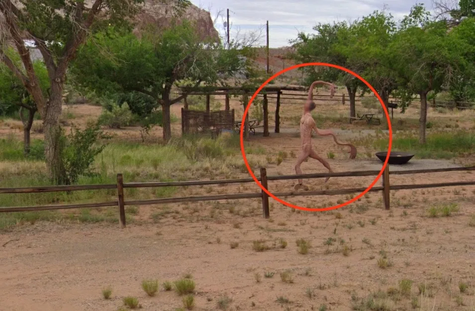 The strange naked creature spotted on Google Street View near the Bears Ears Visitor Centre in Buff, Utah, US.