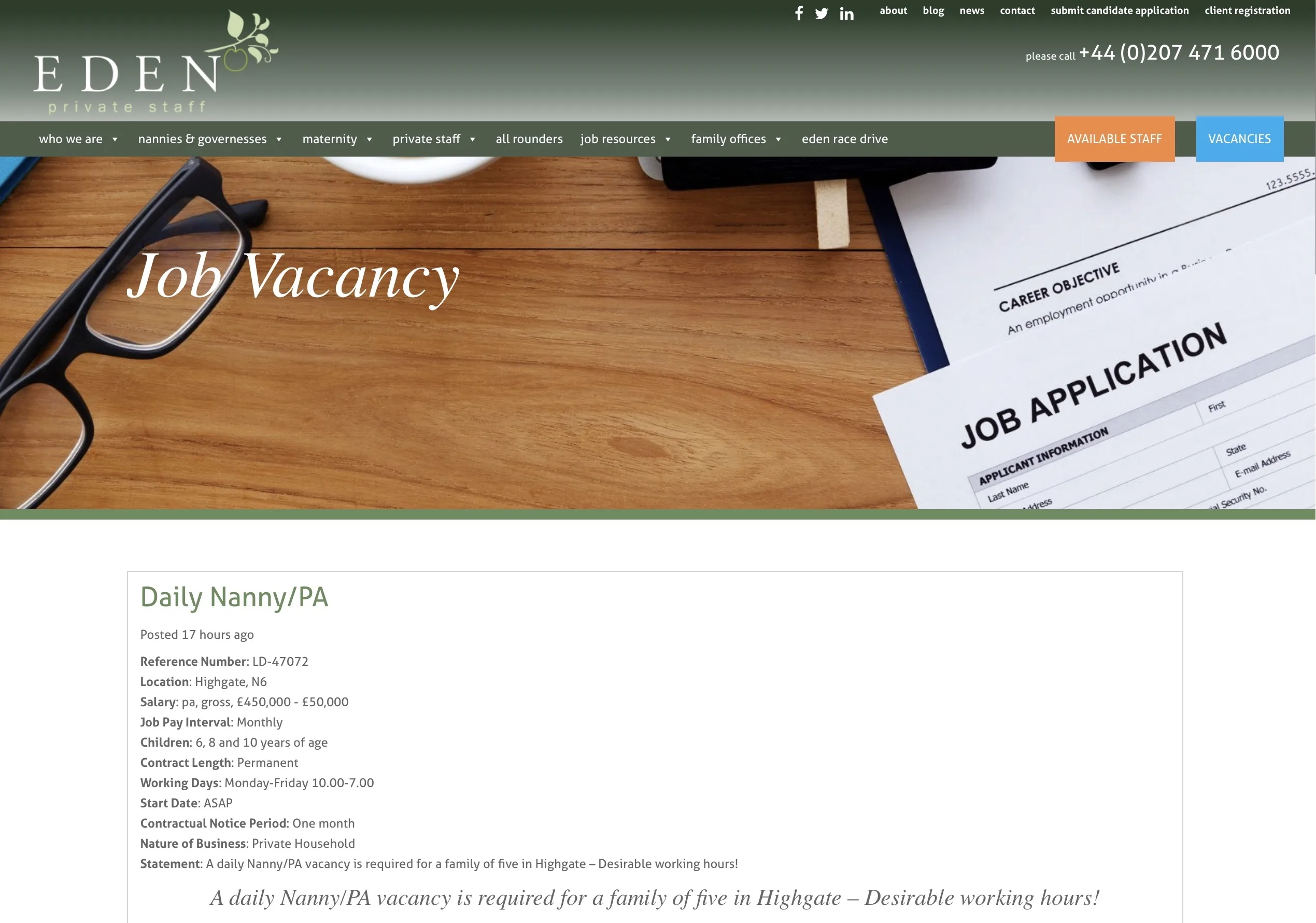 The job description for the nanny/PA position is being advertised by Eden Private Staff.