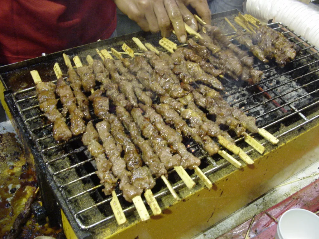 Kebabs on a grill.