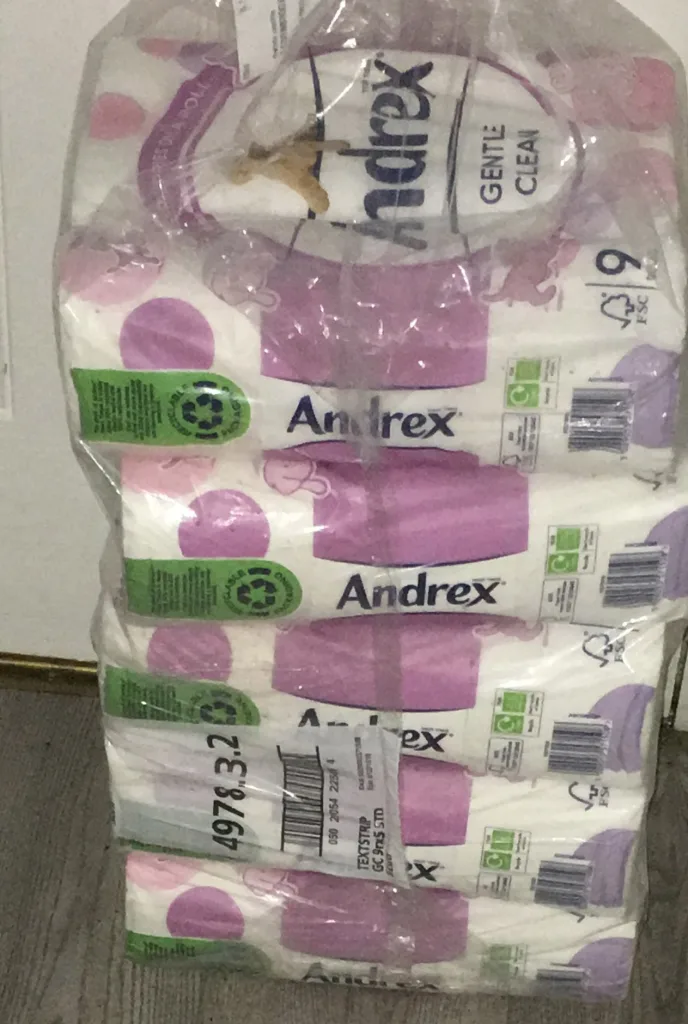 A big pack of Andrew toilet rolls is pictured. 