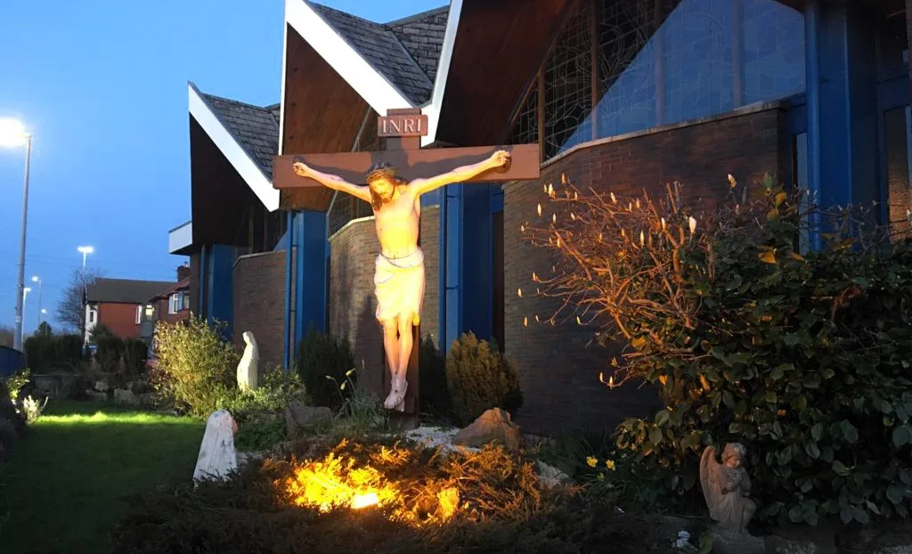 heartbreaking incident of large statue of Jesus being stolen by brazen thieves using a chainsaw in St Lukes, in Salford, Gtr Mancs.