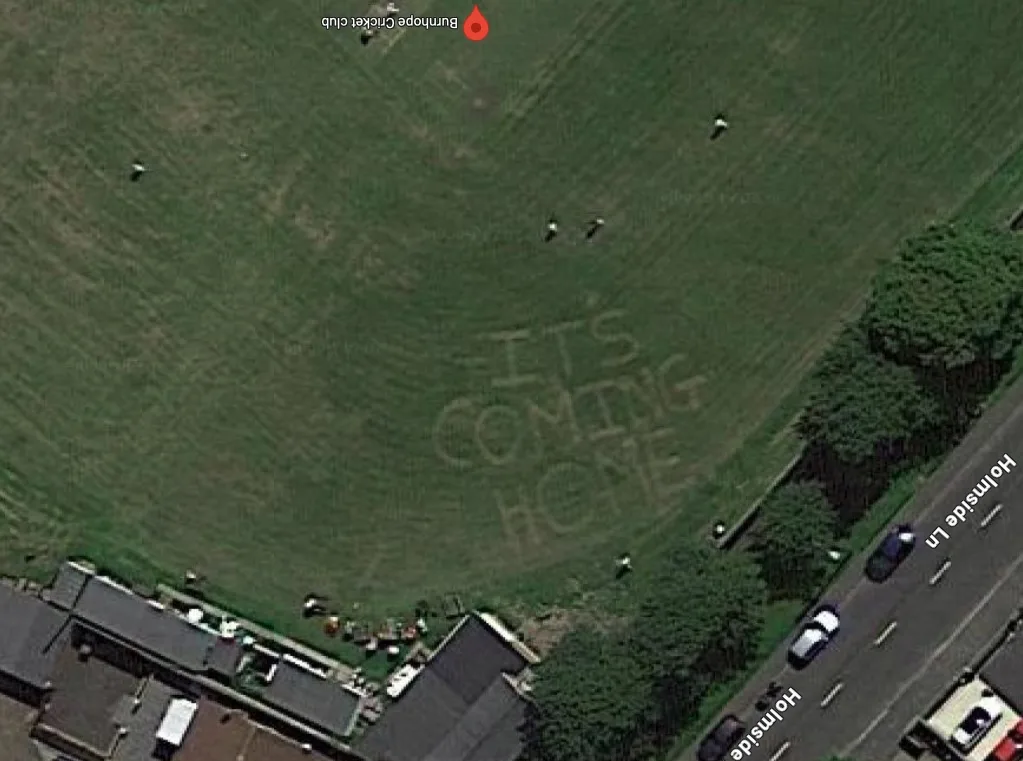 An England football fan carved 'It's Coming Home' into his village cricket club's grass, visible on Google Earth, showcasing his optimism during Euro 2020.