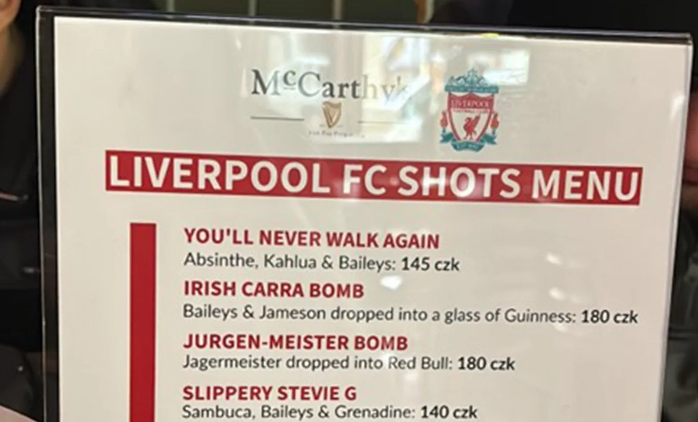 Liverpool fans in Prague for their Europa League clash with Sparta Prague can enjoy Reds-themed drinks at local Irish bars, including shots like the 'You’ll Never Walk Again' and 'Irish Carra Bomb'. The menu celebrates Liverpool players and moments, creating a fun atmosphere for fans.