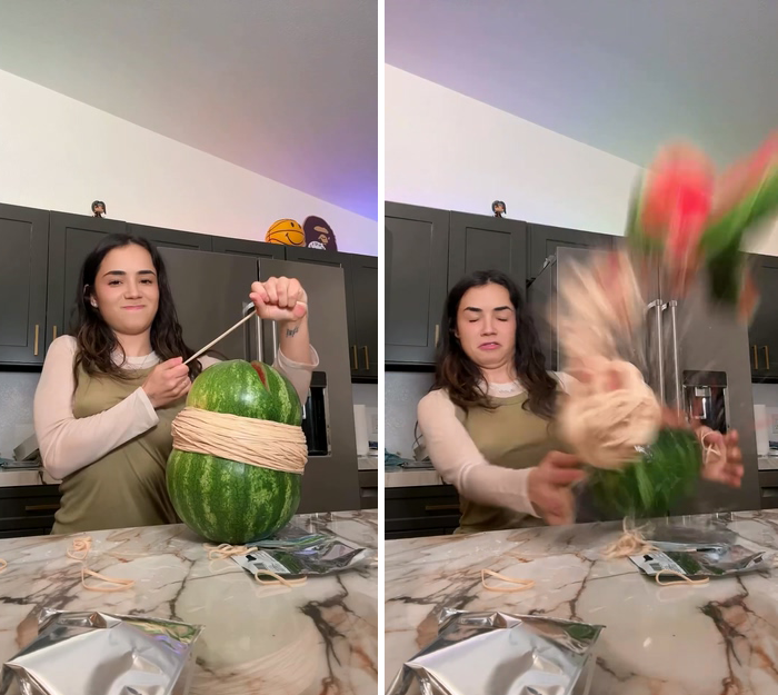 Instagram influencer Jellybeanbrainss, famous for her bold antics, goes viral again with a watermelon explosion challenge, amassing over 288,000 likes and numerous comments.