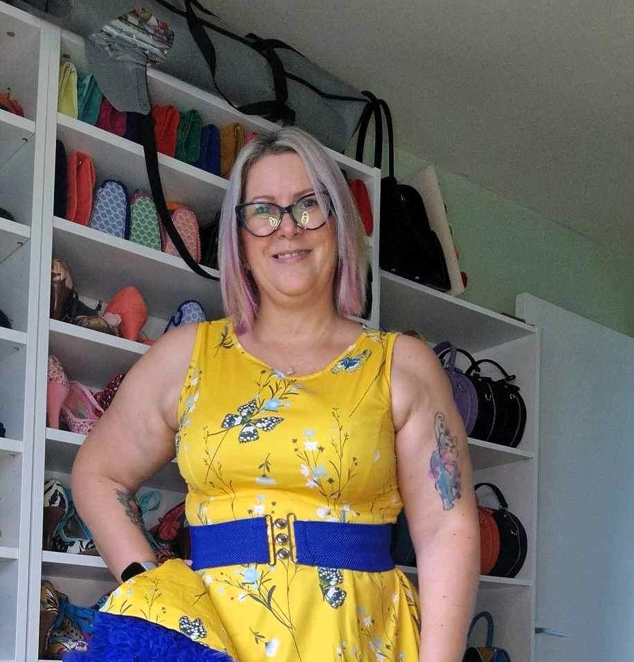 Sharon Whitchurch, 53, transforms her confidence with a collection of glamorous dresses, bringing a touch of elegance to everyday errands and her office job.