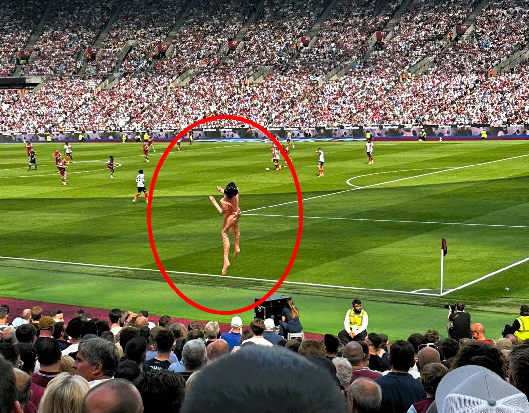 West Ham fans added hilarity to their game against Luton with blow-up toys, including a giant nude woman. Even ex-footballer Peter Crouch joined the banter, joking about his height.