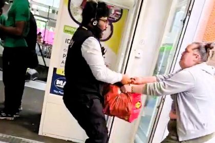 An alleged shoplifter clashed with a security guard at Asda in Barking, East London, leading to a dramatic tug-of-war over her shopping bag, caught on video by a shocked shopper.