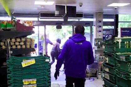 Brave Tesco staff thwarted two crooks stealing booze in Wanstead, East London. One thief fled and was hit by a car. A shopper's shocking video captured the chaotic scene.
