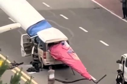 A wind turbine blade skewered a car in China, killing two occupants. The viral Weibo clip shows the accident scene, sparking debates on transportation safety.