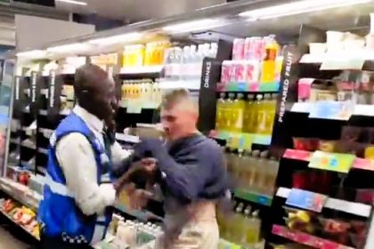 A shoplifter wrestled with a security guard over a four-pack of beer at a BP petrol station, losing his coat in the process. The dramatic struggle was caught on video.