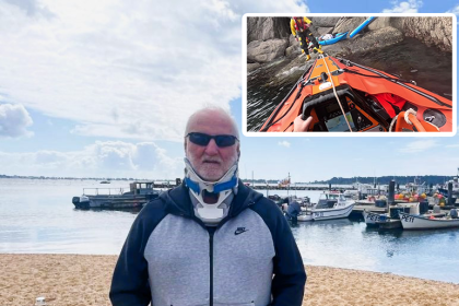 Grandad Neil Bascombe, 61, narrowly escapes drowning after breaking his neck and spine in a kayaking accident at Blackpool Sands. Saved by quick RNLI rescue. Now recovering.