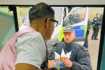 Ice cream man Mr Tee, with 258k TikTok followers, praised for giving free ice cream to police during UK riots. Video of his kind gesture goes viral with 2.6 million views.