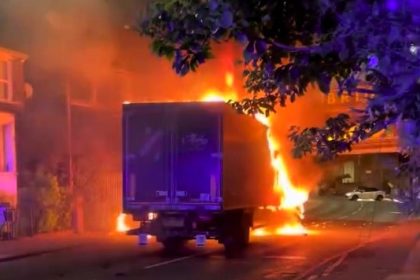 Shocking footage captures a lorry bursting into flames after crashing into a bridge on Kenworthy Road, Hackney. No injuries reported, but road remains closed for recovery.