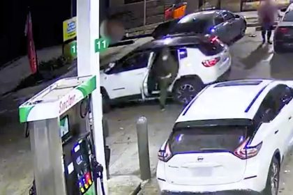 Shocking footage shows two gunmen on a shooting spree at an L.A. gas station, killing one man. Police seek the suspects; a $50,000 reward is offered for information.