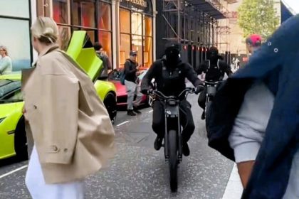 An e-bike thief stole a phone from a man filming a £450k Lamborghini in London’s upscale New Bond Street, sparking frustration from locals over rising street crime.