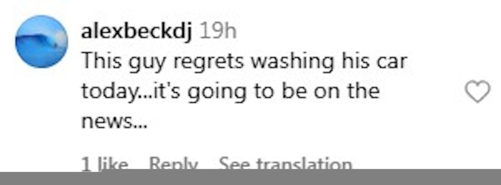 Social media comment on the post of A car owner in storm-hit Malaga cleans his SUV amid torrential rain and winds from Dana, sparking bewilderment as severe weather wreaks havoc across Costa del Sol.