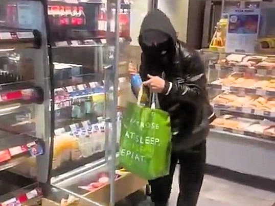 A brazen thief swipes nine drinks from a Greggs in south London, shocking onlookers as staff watch helplessly amid a rising wave of shoplifting cases.