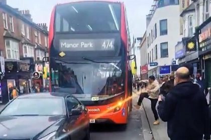 Mercedes driver launches shocking road rage attack on East Ham bus, forcing open doors and confronting driver as passengers flee. Incident captured on video.