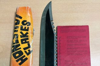 Man arrested in London with a 20cm zombie knife concealed in a cereal box sheath. Police remove another dangerous weapon from the streets in Uxbridge.