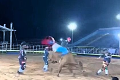 An emcee was dramatically knocked down by a bull during a rodeo in Brazil but resiliently continued his commentary moments later, proving his dedication to the sport.