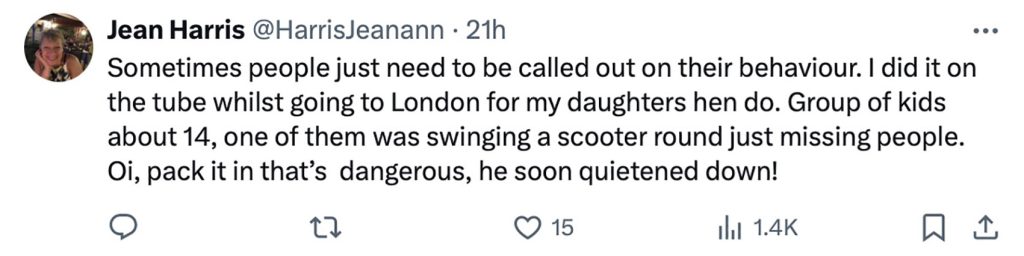 Social media comment on the post of Top cop Caroline Hay sparks debate after confronting rowdy teens on a train, urging Brits to "give it a go" despite safety fears amid the UK's knife crime concerns.