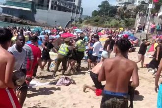 Beach brawl in Chile leaves one man stabbed and four arrested as families watch in shock. Police intervene in the violent clash on Caleta Abarca beach, Viña del Mar.