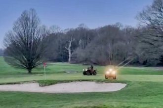 Three vandals on quad bikes tore up Thorndon Park Golf Club in Essex, damaging six greens and three tees, forcing partial closure as police launch a manhunt to find them.