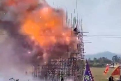 Fireworks mishap at China's Lantern Festival leaves five injured as a bamboo display ignites in a shocking explosion, with workers jumping to escape the flames.