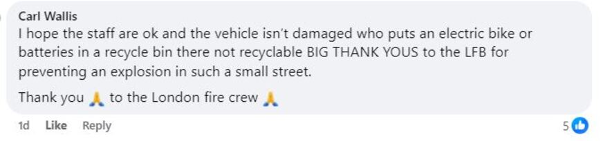 Social media comment on the post of A bin lorry in Bethnal Green burst into flames after dumped e-bike batteries ignited - forcing firefighters to intervene as locals slammed the reckless disposal of hazardous waste.