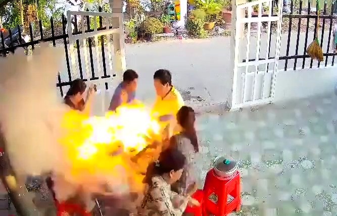 A family gathering in Vietnam turned chaotic when a gas stove exploded mid-meal, sending diners flying and leaving several with burns, though no serious injuries were reported.