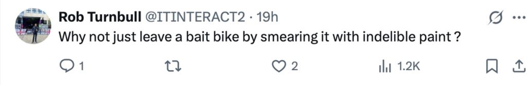 Social media comment on the post of A man trying to steal a bike in Stratford burned his fingers with a lighter while attempting to melt the lock, sparking outrage and disbelief from onlookers.