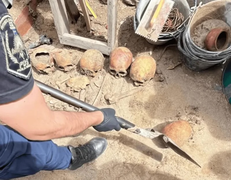 Workers at a building site in Argentina uncovered over 10 human skulls, sparking fears of black magic rituals as police investigate their origins and possible grave robberies.