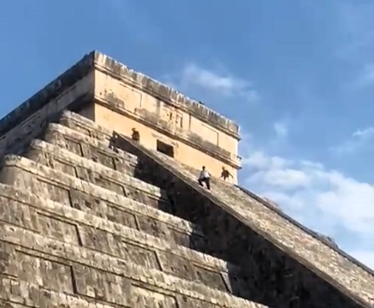 A German tourist was beaten by a crowd after illegally climbing the sacred El Castillo pyramid at Chichén Itzá during the Spring Equinox - despite a ban since 2008.