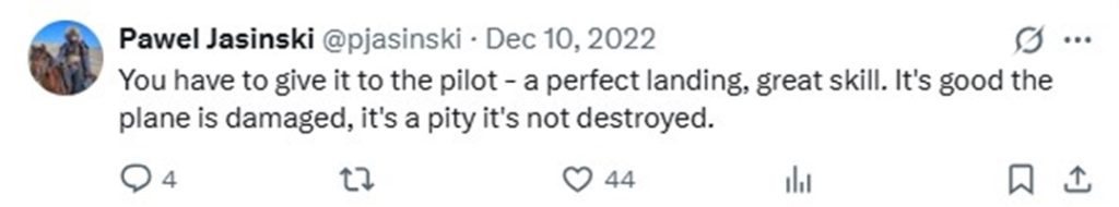 Social media comment on the post OF A Russian Su-25 fighter jet crash-landed without using landing gear, sliding safely on its belly in a dramatic emergency landing near the Ukrainian border.