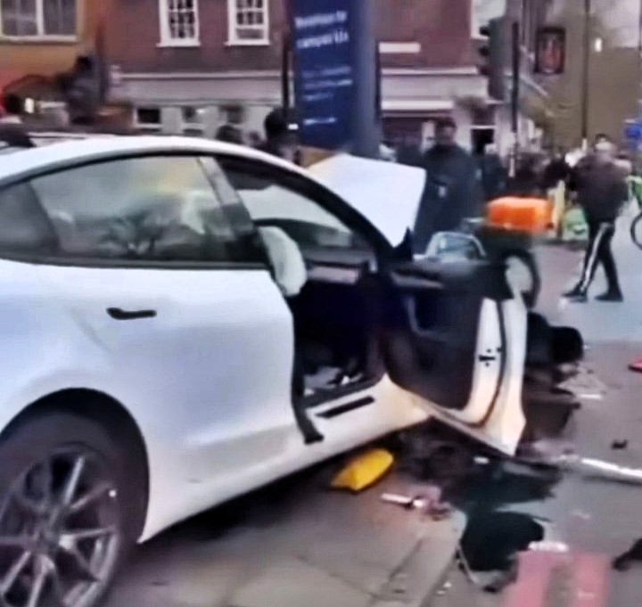 A Tesla crashed into a lamp post and traffic lights in east London, injuring seven people, with two rushed to a major trauma center in a dramatic emergency response.