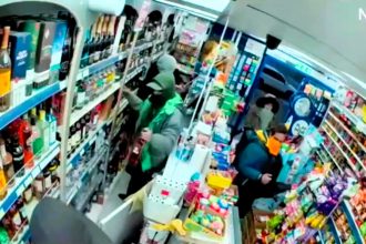 Six masked men raided a Southall off-licence in just 40 seconds, stealing 34 bottles of booze while the shopkeeper fought back with a stick.