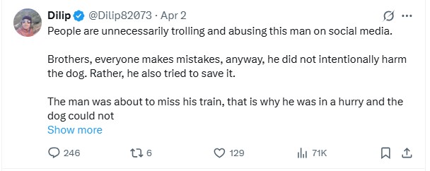 Social media comment on the post if Dog falls under moving train at Mumbai Central as owner tries to board - miraculously survives after slipping from leash and landing on tracks unharmed.