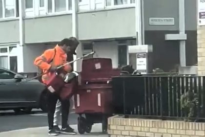 Two men allegedly stole parcels from a Royal Mail trolley in broad daylight in east London using a pole to open it before fleeing on bikes while locals were left outraged.
