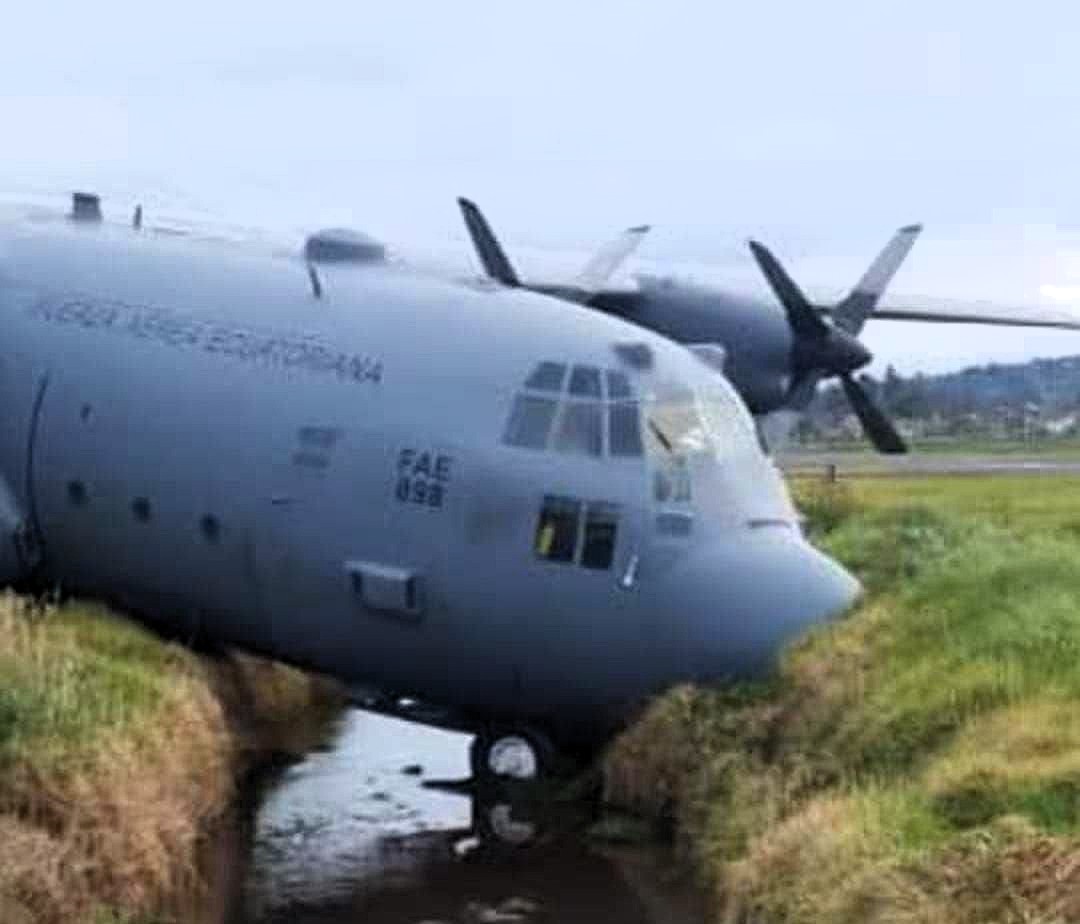 A Lockheed C-130 Hercules donated to Ecuador's Air Force veered into a ditch after brake failure at Cotopaxi Airport - no injuries reported as investigations continue.