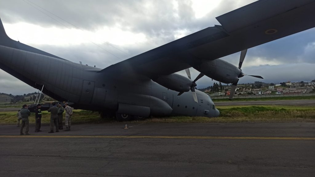 A Lockheed C-130 Hercules donated to Ecuador's Air Force veered into a ditch after brake failure at Cotopaxi Airport - no injuries reported as investigations continue.