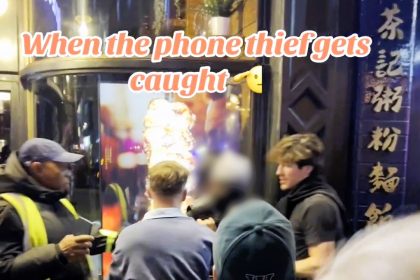 A crowd in Soho chanted "w\*nker" at a suspected phone thief who was stopped by bystanders, stripped of his mask and then let go as the crowd jeered him off.