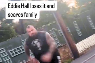 Eddie Hall was filmed angrily confronting visitors outside his home after claims they scared his children, sparking a heated exchange and chase down the street.