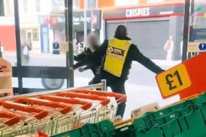 A security guard at Iceland in London used a shopping basket as a shield to fend off a suspected thief, earning praise online for bravery during the dramatic clash.