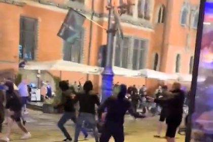 Chaos erupted in Poland as Chelsea and Real Betis fans clashed ahead of the Europa Conference League final, hurling chairs before police used stun grenades to break it up.