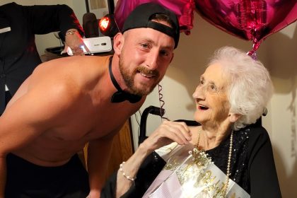 A cheeky 103rd birthday wish came true for Peggy Booth as a topless butler served fizz and flowers at her Preston care home, sparking laughs and lifelong memories.