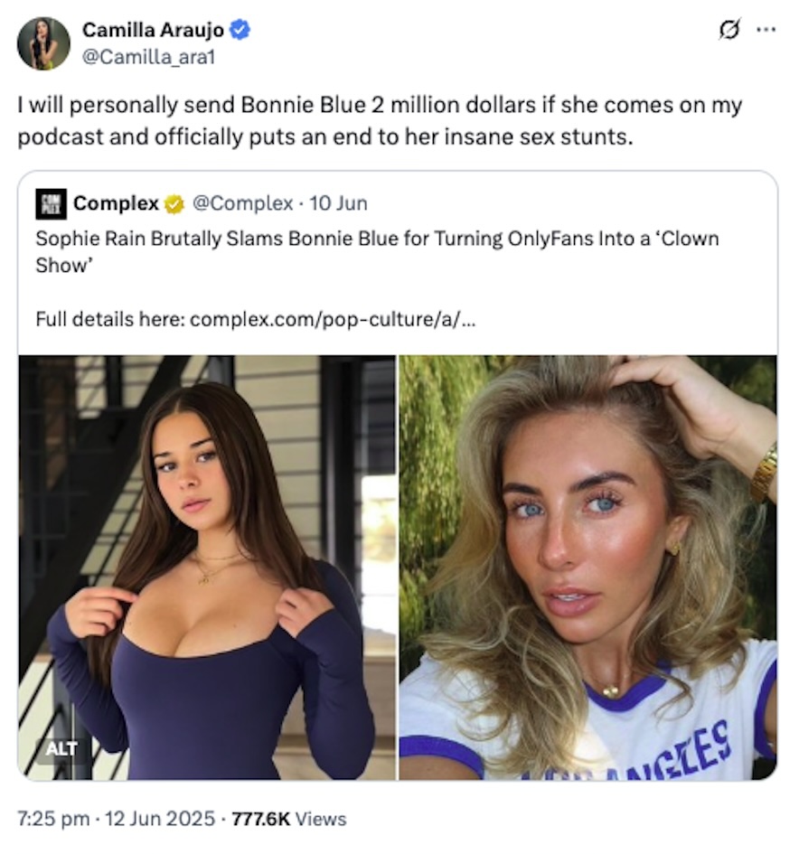 OnlyFans star Sophie Rain boasts $76m earnings while shading Bonnie Blue’s 1,000-men stunt, sparking debate over morality, marketing, and double standards in adult content.