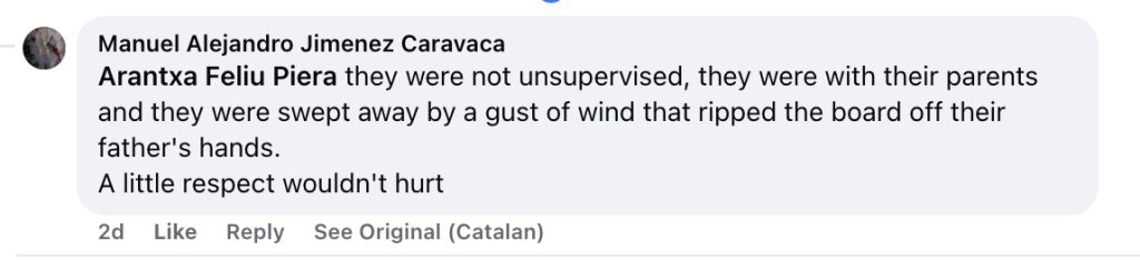 Social media comment on the post of Two young boys were rescued by police after drifting nearly a kilometre out to sea on an inflatable in Dénia, Spain. Neither wore life jackets, prompting safety warnings.